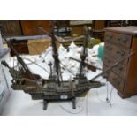 Antique Wooden Model Made Galleon Ship on Stand, length 74cm