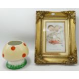 Shelley Mable Lucy Attwell Hand Pianted Mushroom Sugar Bowl & similar framed post card, height of