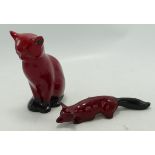 Royal Doulton Flambe Seated Cat & Fox, height of cat 12cm(2)