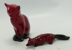 Royal Doulton Flambe Seated Cat & Fox, height of cat 12cm(2)