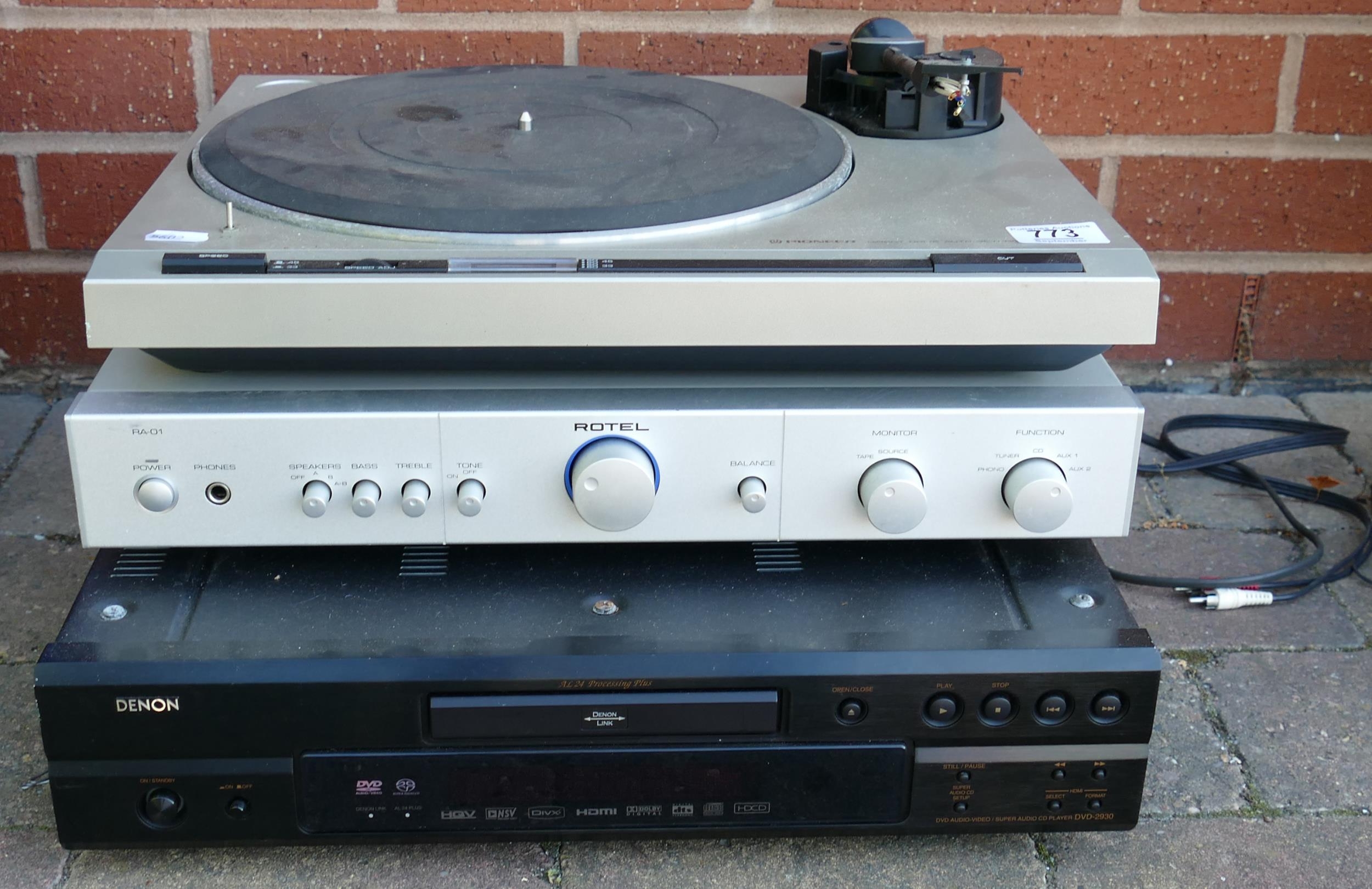 Rotel Ra 01 Hifi Amplifier, Denon Dvd-2930 CD/ DVD player & Pioneer Direct Drive Turntable(3)