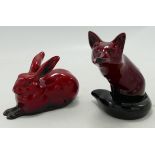 Royal Doulton Flambe Seated Fox & Hare, height of fox 10cm(2)