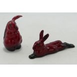 Royal Doulton Flambe small Seated Hare & Lop Eared Rabbit, tallest 7cm(2)