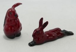 Royal Doulton Flambe small Seated Hare & Lop Eared Rabbit, tallest 7cm(2)