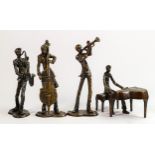 A Bronze effect modernist type set of Jazz band sculptures: 4 musician figures, tallest 24cm. (4)