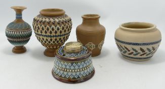 Royal Doulton Lambeth Stoneware & Silica Ware Vases & ink well, height of tallest 10.5cm(5)