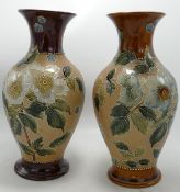 Doulton Lambeth Slaters Style Stoneware Vases decorated with Flowers & Foliage , height 28cm(2)