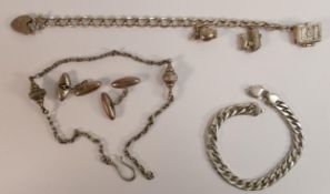 A collection of Silver jewellery including bracelets, cufflinks and chain, 57.4g.