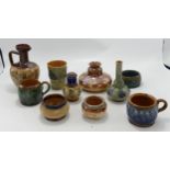 Royal Doulton Lambeth Style Stoneware Small Vases, Ewer, Beaker , Condiment pot, mugs etc, tallest