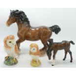 Beswick Cantering Shire 975, Foal 946 (restored ears), and two similar Owls(4)