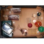 A mixed collection of items to include paperweights, boxed polished pewter hip flask and 2 ship in