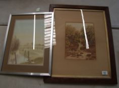 framed Edwardian print together with a framed watercolour of a wintery scene. 64cm x 52cm