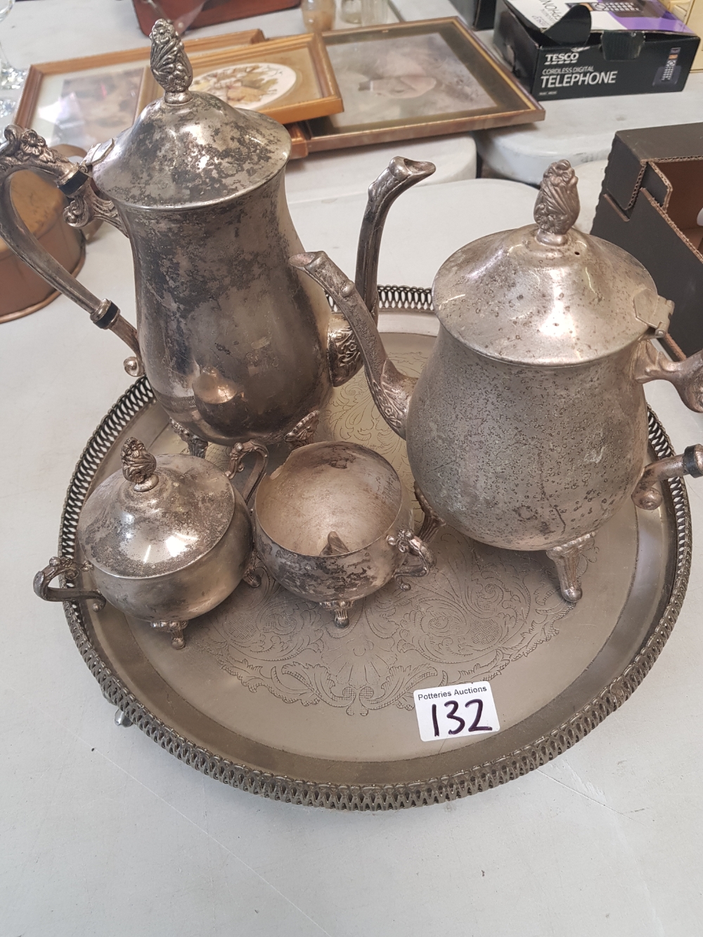 4 piece silver plated tea service on a galleried tray.