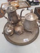 4 piece silver plated tea service on a galleried tray.