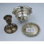 3 pieces of Hallmarked sterling silver to include small salver, footed salt pot and Small weighted