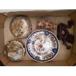 A collection of Oriental items to include 2 x 20th Century Satsuma lidded pots, Chinese red resin