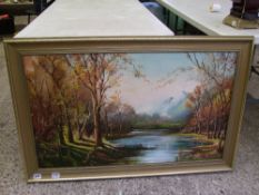 Large framed oil on board painting of a waterside scene, initialled AGL lower left, 116cm x 74cm