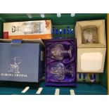A collection of crystal and glass ware to include boxed decanter, boxed whisky tumbler, boxed set of