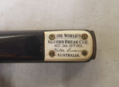 World record breaking Walter Lindrum snooker cue 4,137 dated 1932 together with John Bennett n Co