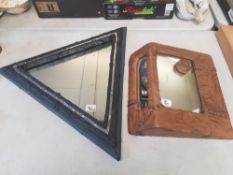 Two Artist made leather clad mirrors in Triangular Form