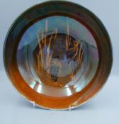 A Shelley Orange Luster Bowl Decorated with Kingfisher & Bullrushes, diameter 26cm