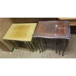 2 x nest of 3 tables, one set in oak, one set with glass insert tops.