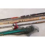 Three fishing rods: Milbro rod, Ryobi Superlight rod and a Silstar Multimesh Power Carp rod,
