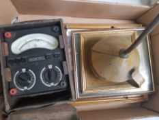 Vintage cased Avometer 8, together with a brass funnel and 3 framed prints.