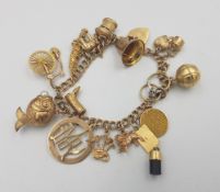 9ct gold charm bracelet and charms, total weight 34.6g.