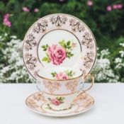Bonny and Blithe Princess pink floral and gilt trio sets x 8 . Boxed