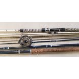 Three fishing rods: Edgar Sealey blue match fishing rod, Edgar Sealey Glane fishing rod and an