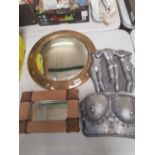 Mixed collection of items to include circular brass framed convex mirror, Artist made leather