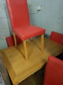 Modern Pine Effect Table & 4 Red Upholstered Dining Chairs