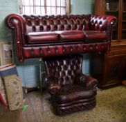 Ox blood red leather Chesterfield 3 seater sofa together with a 'much loved' Chesterfield high-