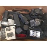 Mixed collection of vintage camera equipment including Ricoh AF-5, Ricoh KR-5, Ricoh lenses etc (1
