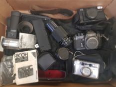 Mixed collection of vintage camera equipment including Ricoh AF-5, Ricoh KR-5, Ricoh lenses etc (1