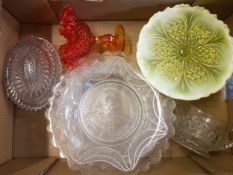 A collection of glass ware items including vaseline glass cake stand, commemorative plates etc (1