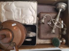 A collection of cased cutlery sets, copper kettle, candlestick holder etc (1 tray).