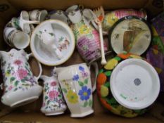 A mixed collection of ceramic items to include Shelley nursery bowl, James Kent jugs, Doulton teapot