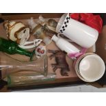 A mixed collection of items to include glass vases, kitchen jug, wooden rhino figure etc (1 tray).