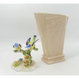 Falcon Ware Art Deco Sunray Jug & Royal Doulton double Blue Tit bird figure, tallest 22cm(2)