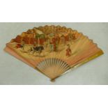 Vintage Spanish Paper & Balsa Wood Fan with images of Bull Fighters, length closed 38cm