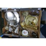 A collection of silver plate and brass to include serving trays, candlesticks, pans, tea pot, ink