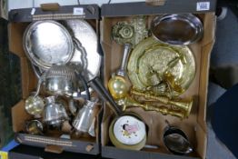 A collection of silver plate and brass to include serving trays, candlesticks, pans, tea pot, ink