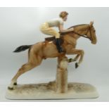 Hertwig Katzhutte Art Deco figure girl on light brown horse jumping fence, approx 27cm in length