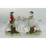 Two Continental Figures of Horse & Riders, height 21cm(2)