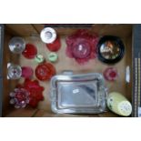 A lot of Victorian Cranberry glass items together with plated tureen & cover and Carltonware cruet.
