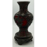 Oriental Cinnabar Vase on wooden base, height 16cm