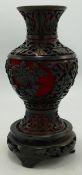Oriental Cinnabar Vase on wooden base, height 16cm