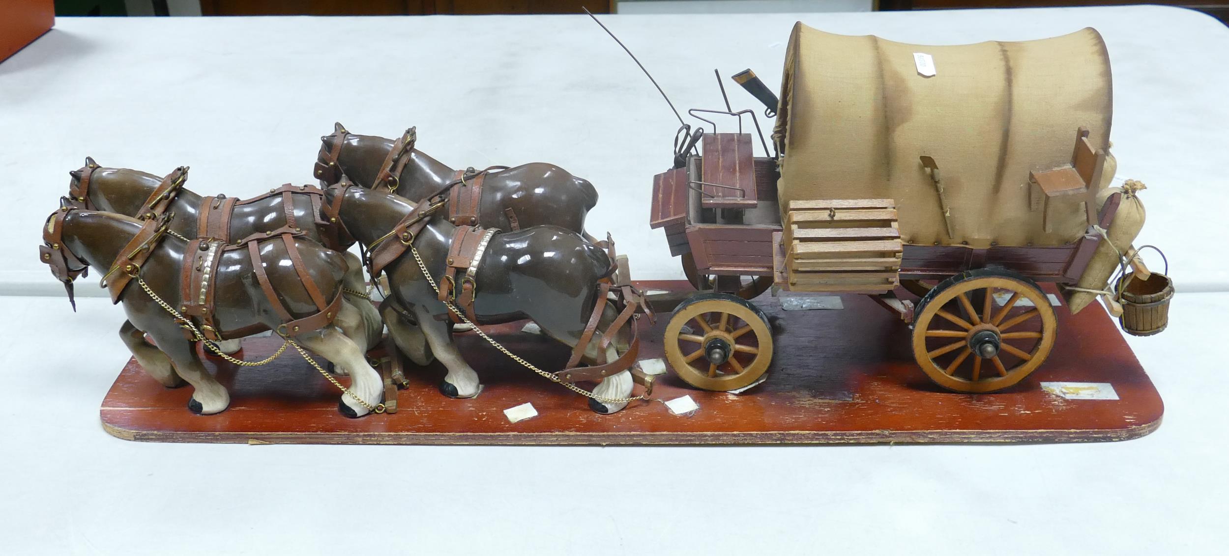 Large Pottery & Wood Model of Horse & Cart, length of base 77cm